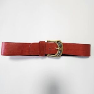Red Croc-Embossed Leather Belt with Gold Buckle